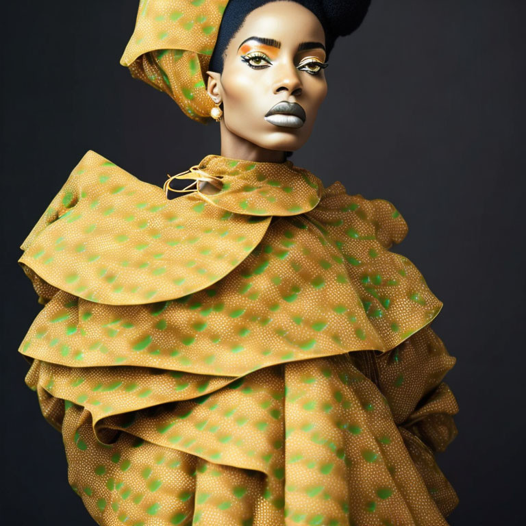 Woman with artistic makeup and golden ruffled outfit in elegant pose