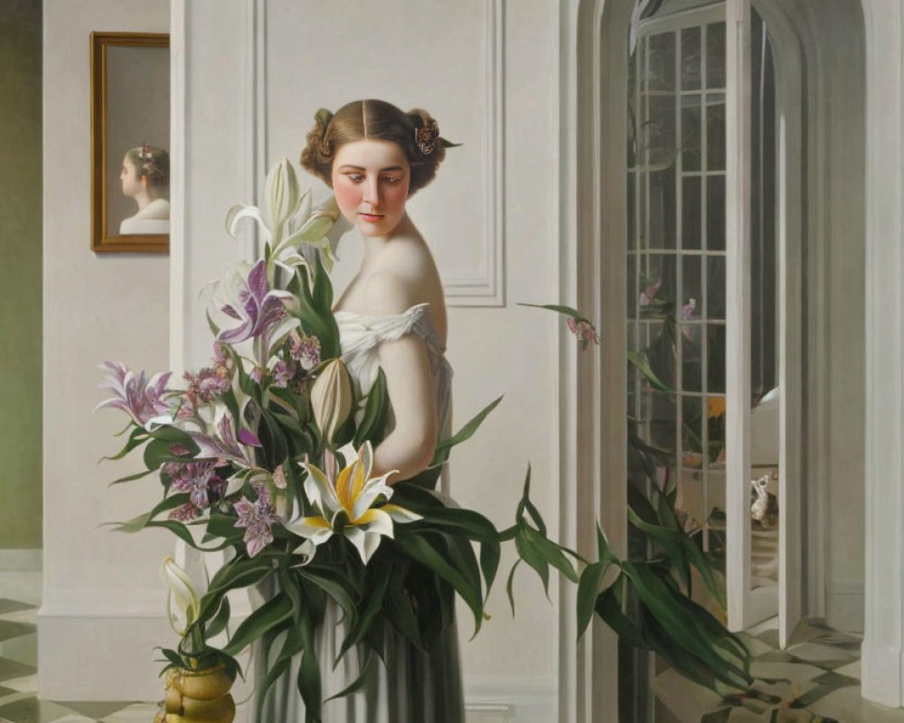 Classical-style painting of woman with lilies bouquet in elegant white dress