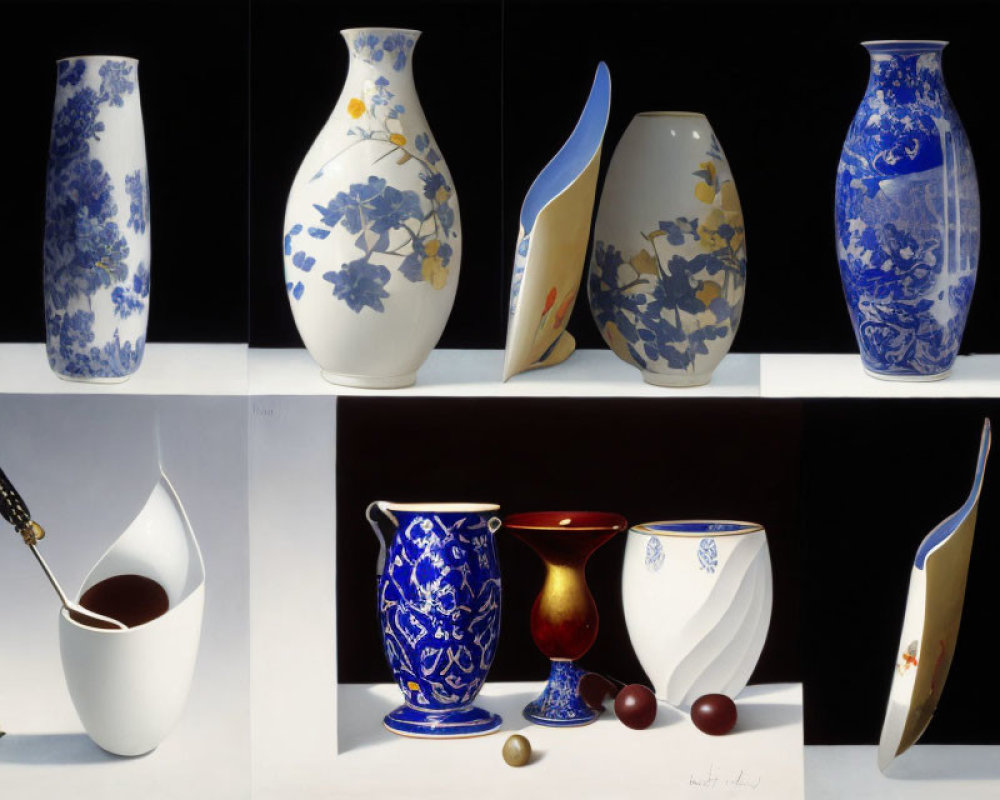 Collage of Eight Blue and White Porcelain Vases