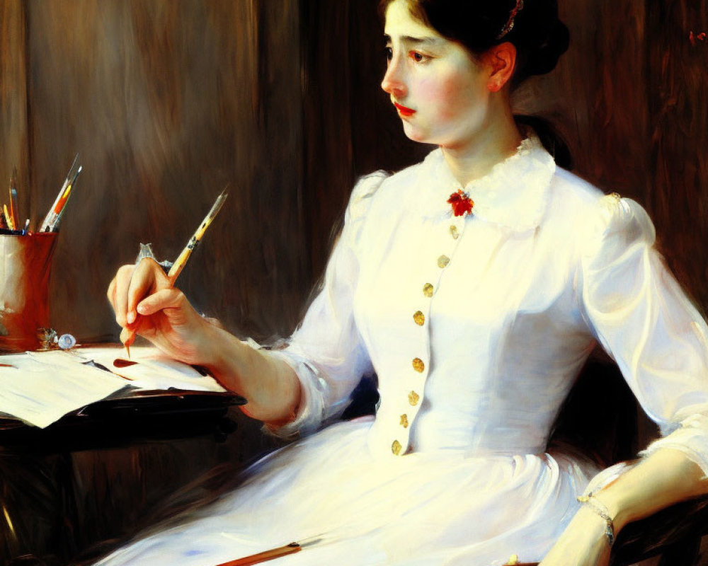 Classic Painting: Woman in White Dress with Paintbrush at Art Table