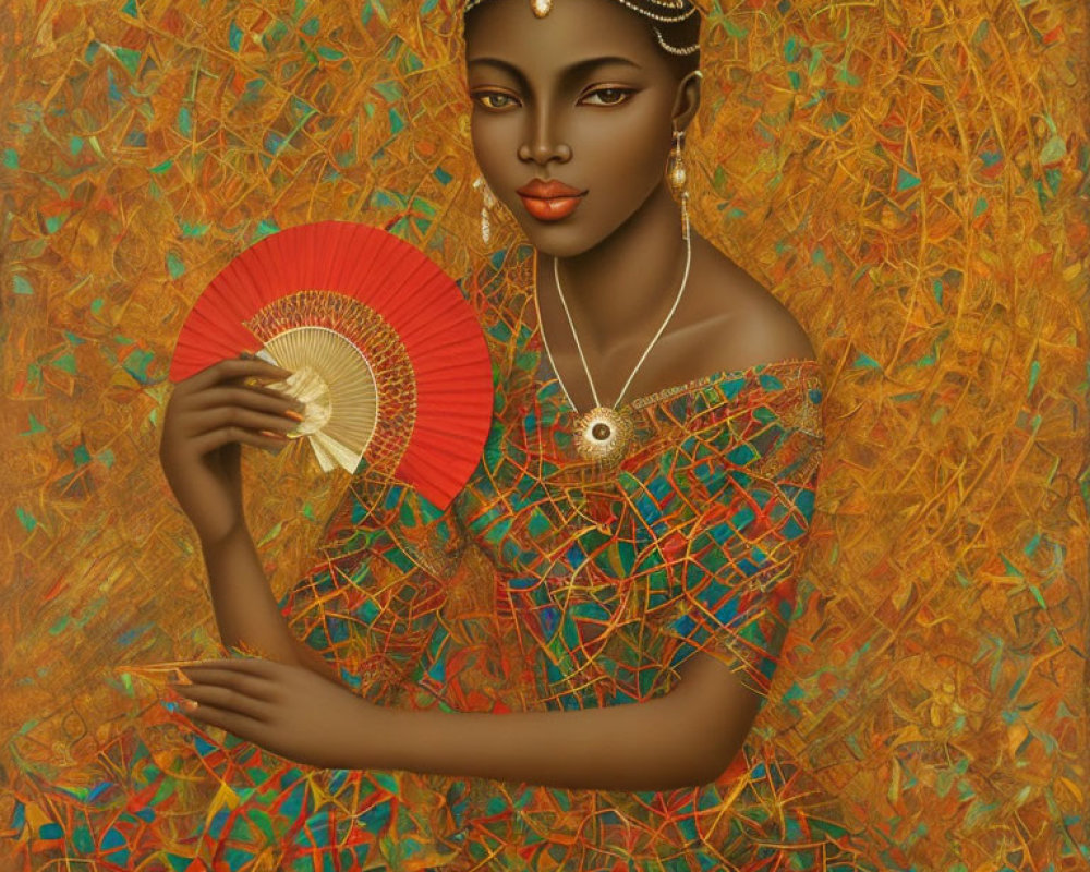 Golden Head Jewelry and Red Fan on Elegant Woman in Textured Backdrop