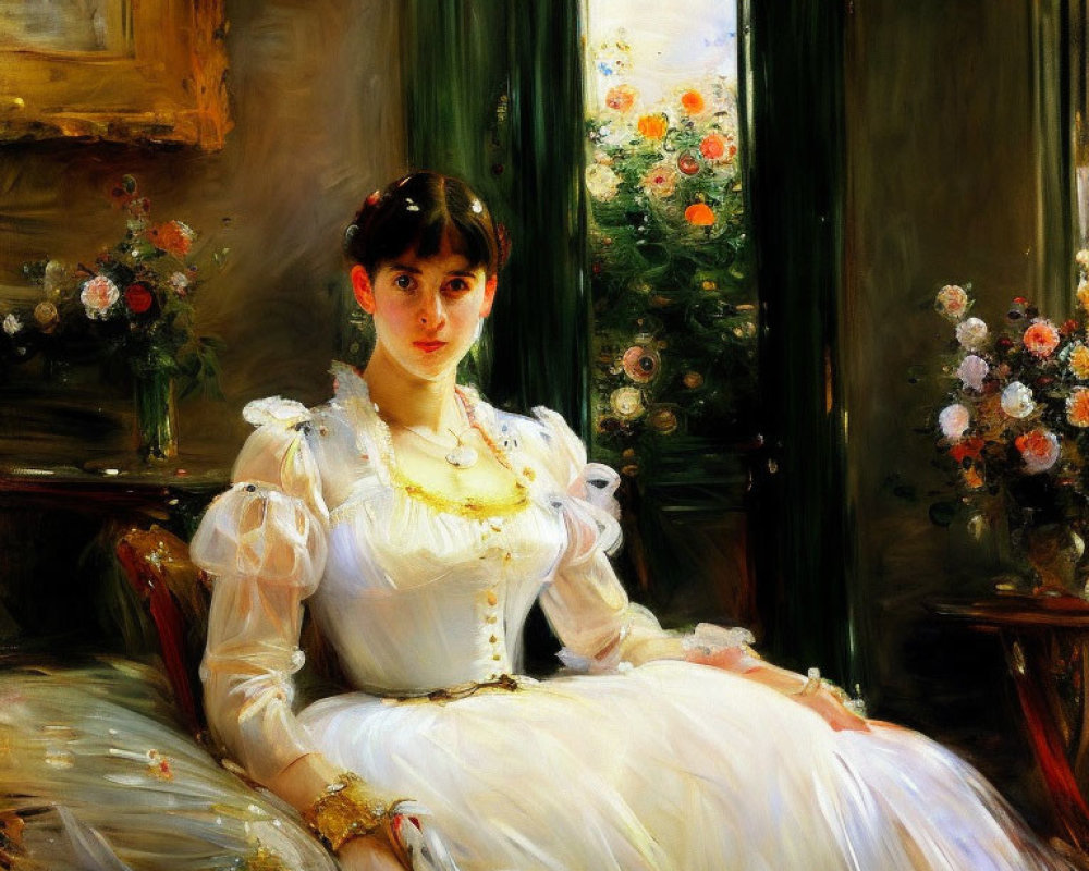 Young woman in white dress with lace, pearls, and gold bracelets by garden window