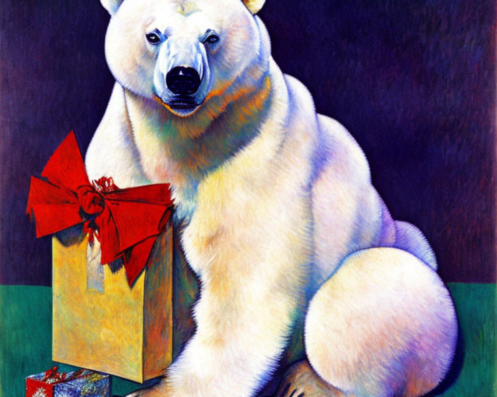 Colorful Polar Bear Holding Gift Box in Vibrant Illustration