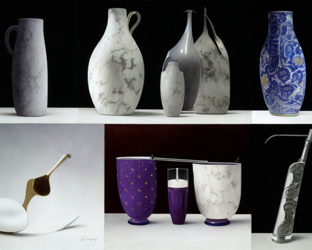 Elegant vases and ladle in diverse paintings