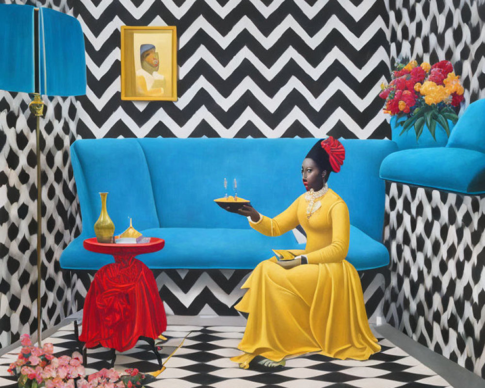 Woman in Yellow Dress on Blue Couch in Room with Zigzag Pattern Walls