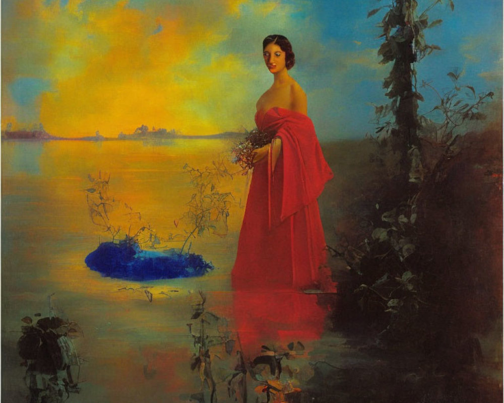 Woman in Red Dress Holding Flowers by Lake at Sunset