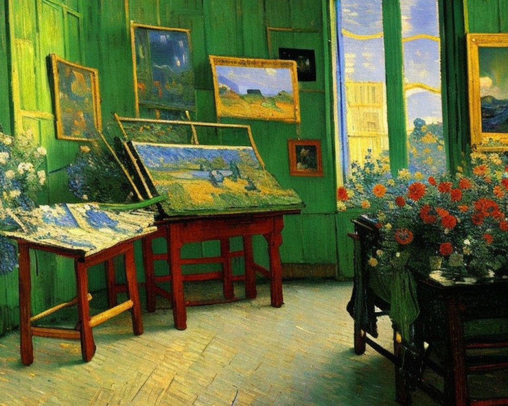 Green-walled artist's studio with paintings, easels, window view, and colorful flowers