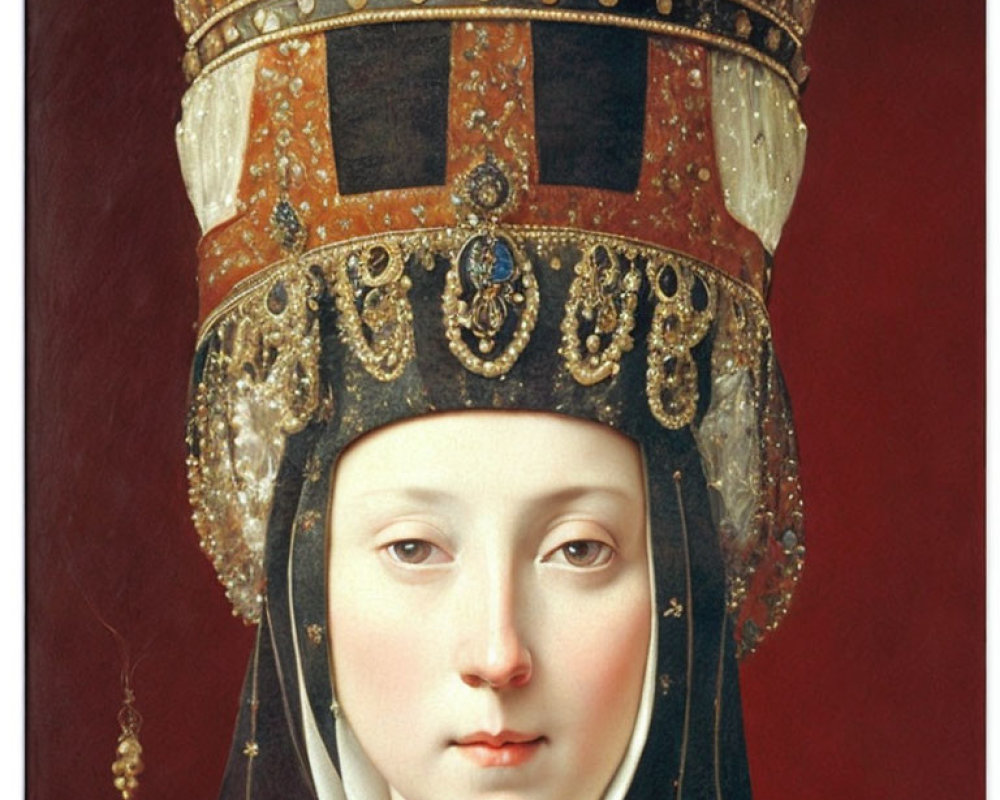 Traditional painting: Woman in elaborate headdress with jewels and pearls