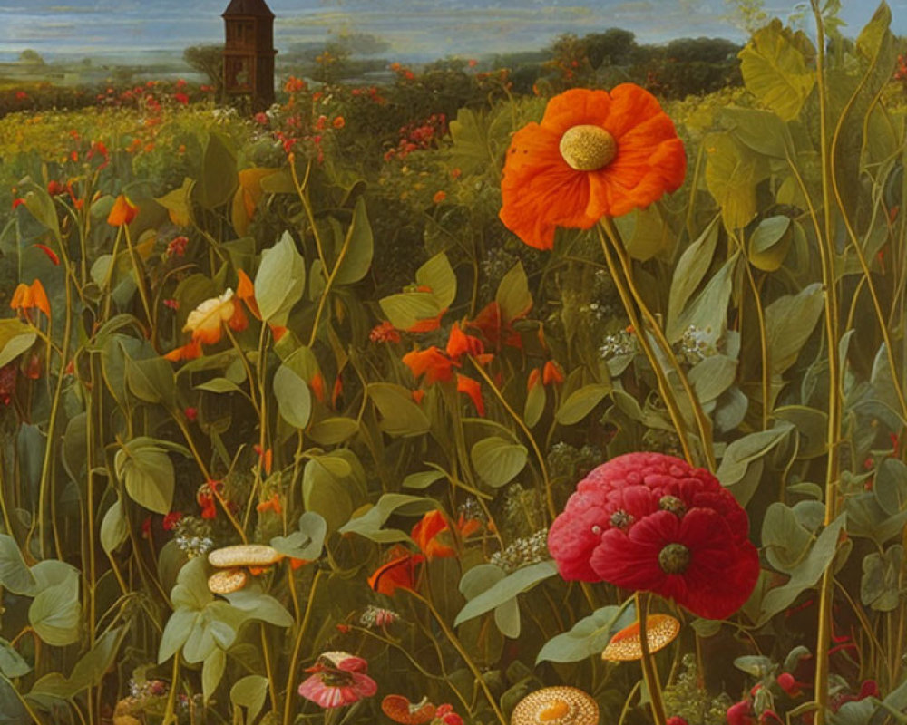 Vibrant red poppies and flowers in lush field with cloudy sky and distant tower