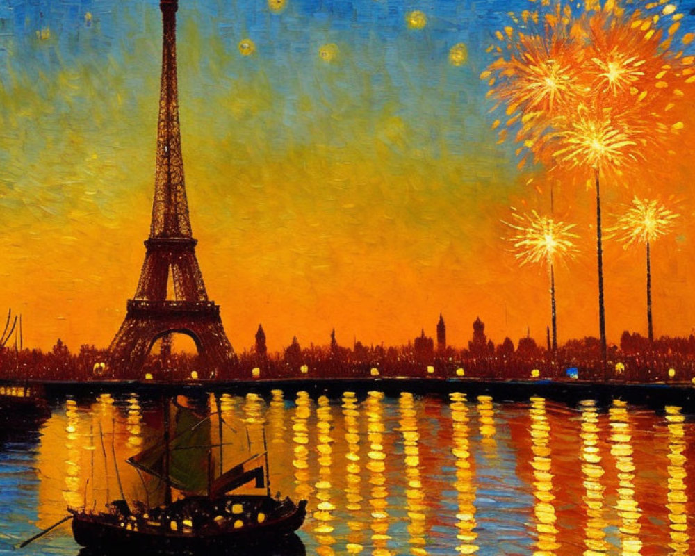 Vibrant orange sky painting of Eiffel Tower at night with fireworks and boat