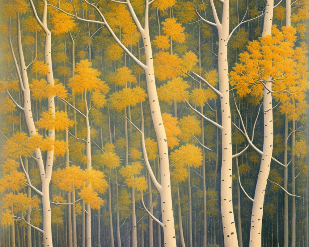 Stylized forest scene with white-barked trees and golden foliage