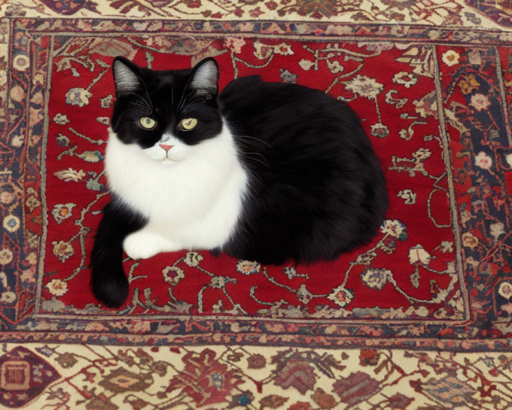 Black and white cat with unique facial markings on red ornate rug