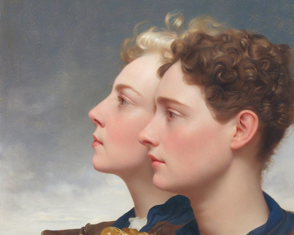 Classic Portrait of Two Women with Detailed Curly Hair in Profile Against Sky
