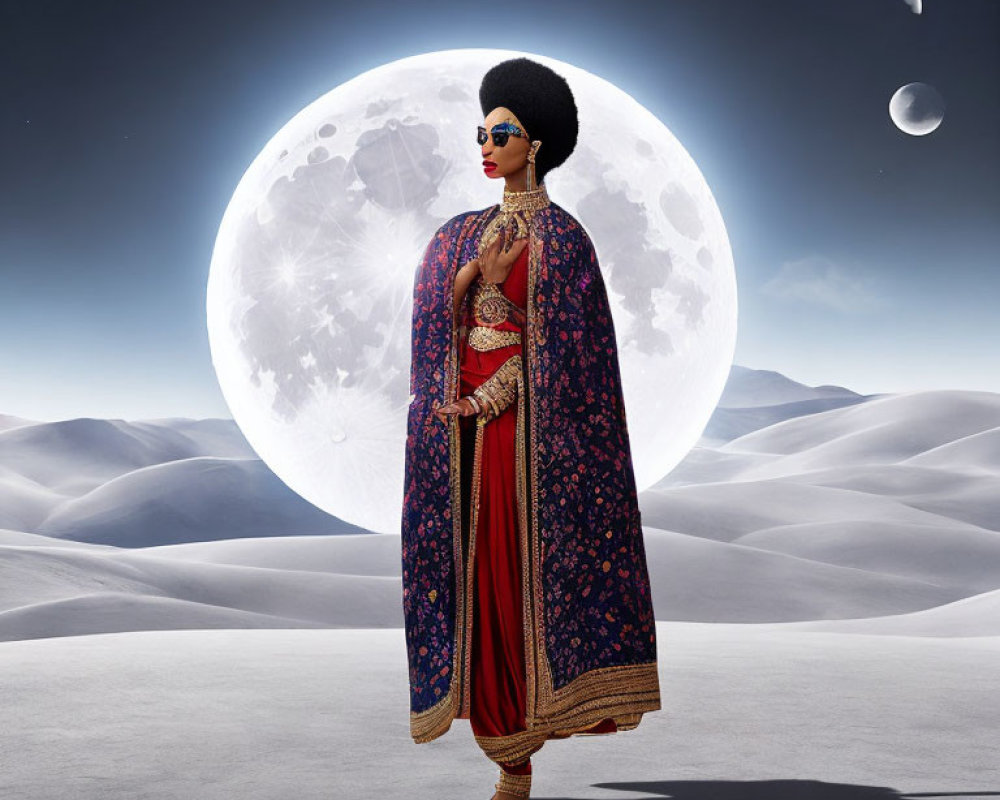 Person in traditional attire on surreal moonlit landscape with sand dunes