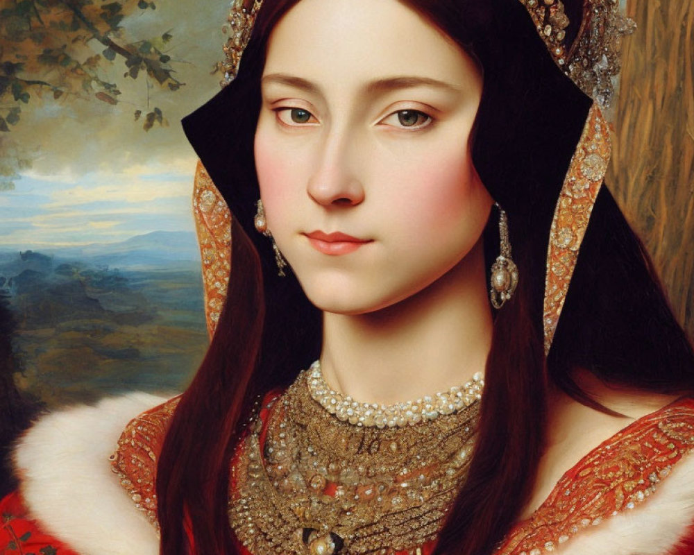 Portrait of woman with fair skin, brown hair, red dress, and ornate headdress in serene