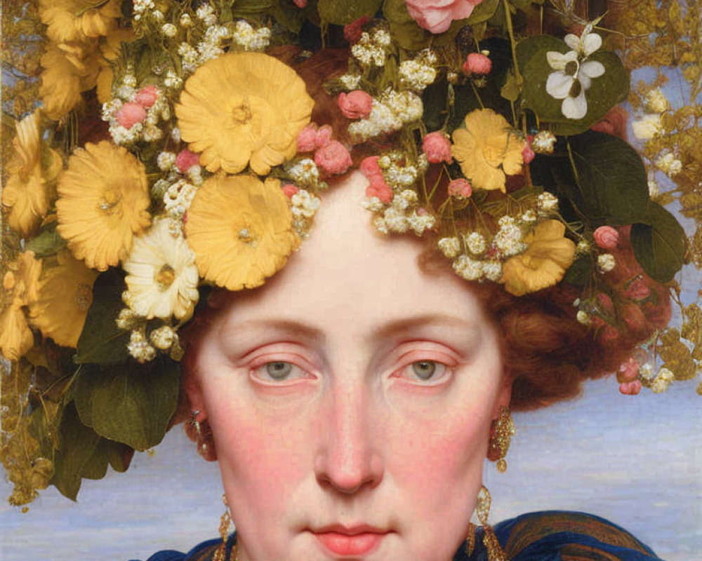 Portrait of Woman with Floral Headdress and Pearl Earrings
