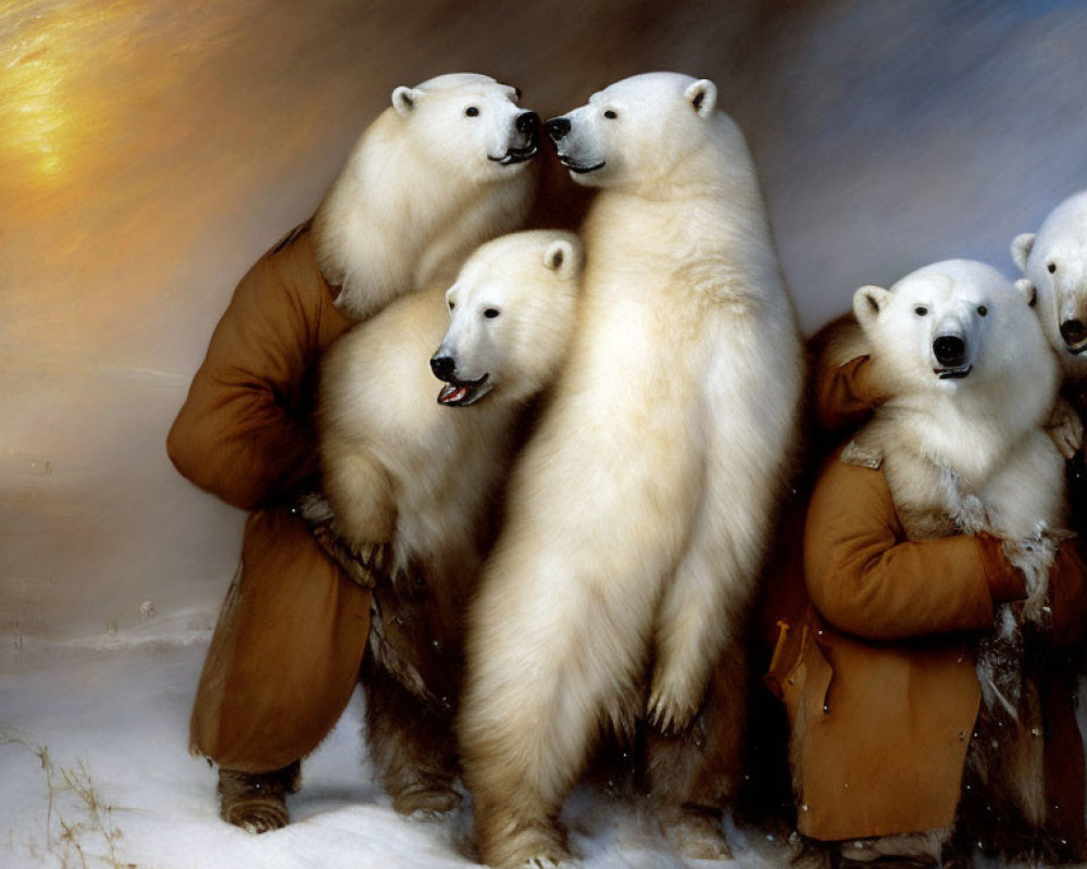 Anthropomorphic Polar Bear Family Embracing in Snowy Scene