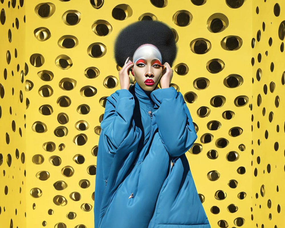Vibrant portrait with bold makeup and afro on yellow backdrop