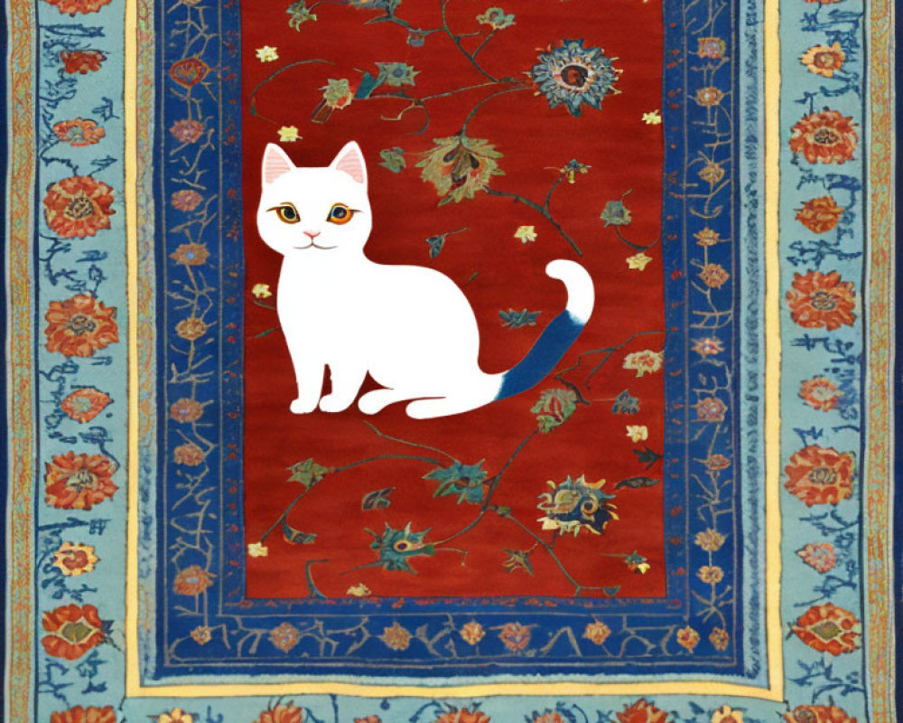 White Cat on Red Oriental Rug with Blue and Floral Borders