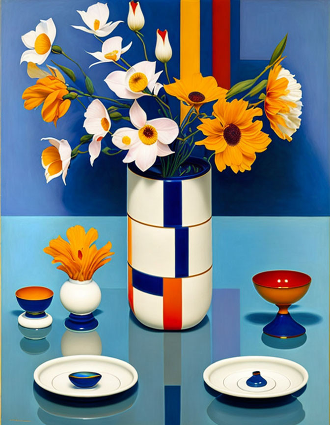 Colorful Still Life Painting with Flowers in Patterned Vase