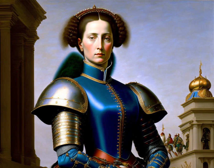 Renaissance portrait with blue doublet and metallic armor