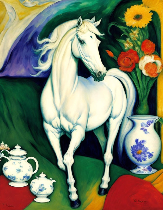 Colorful painting: White horse, sunflower, flowers, blue floral teapots