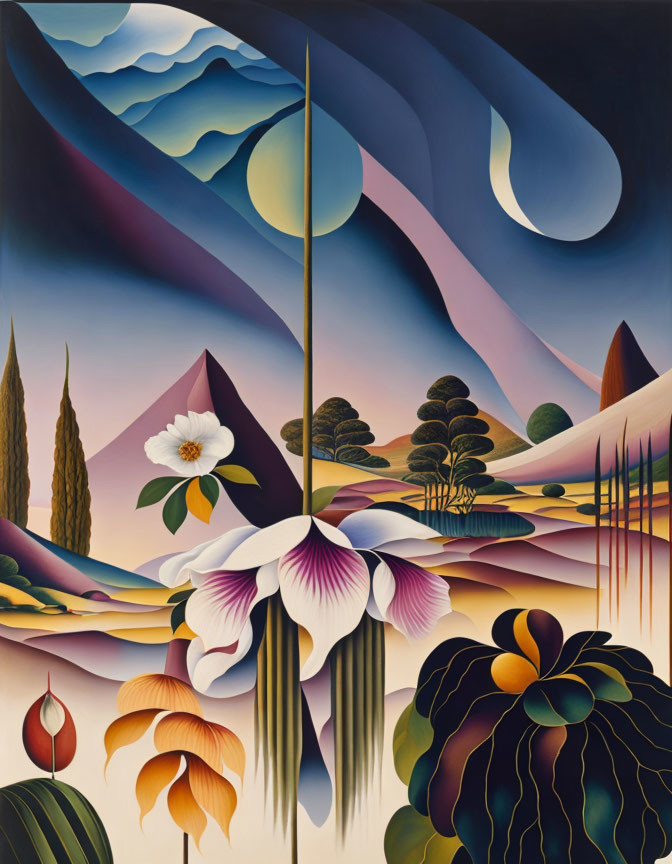 Colorful Surrealist Landscape with Elongated Shapes and Floral Elements