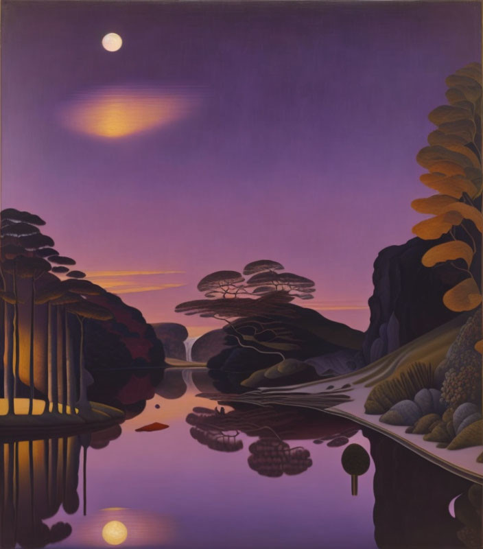 Moonlit Night Landscape Painting with Violet Skies and Silhouette of Trees