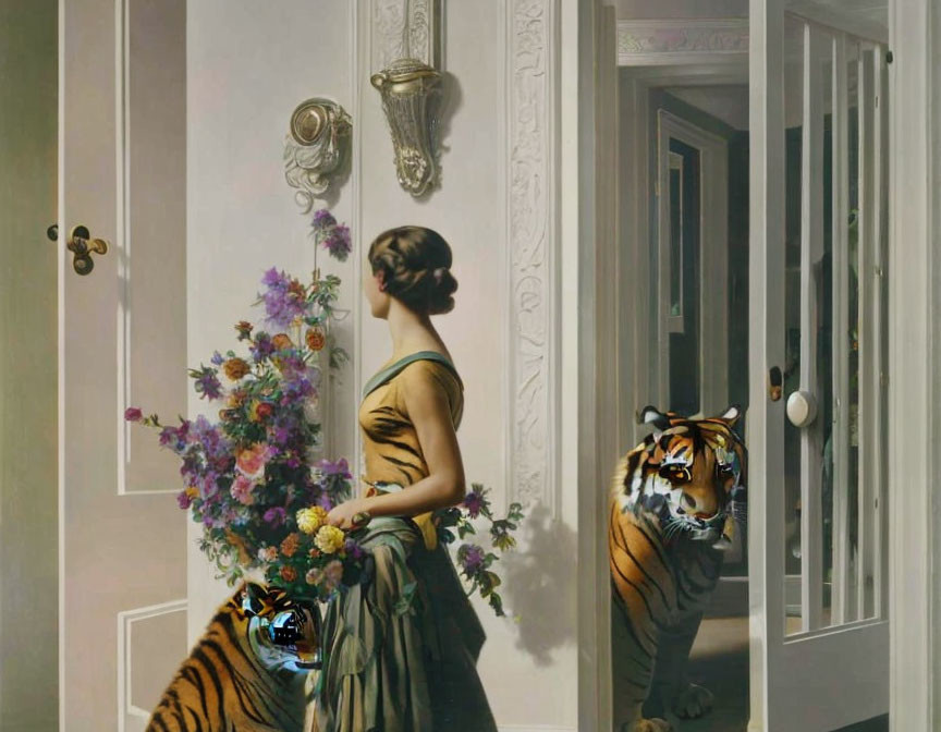 Surreal painting featuring woman, tigers, and green dress