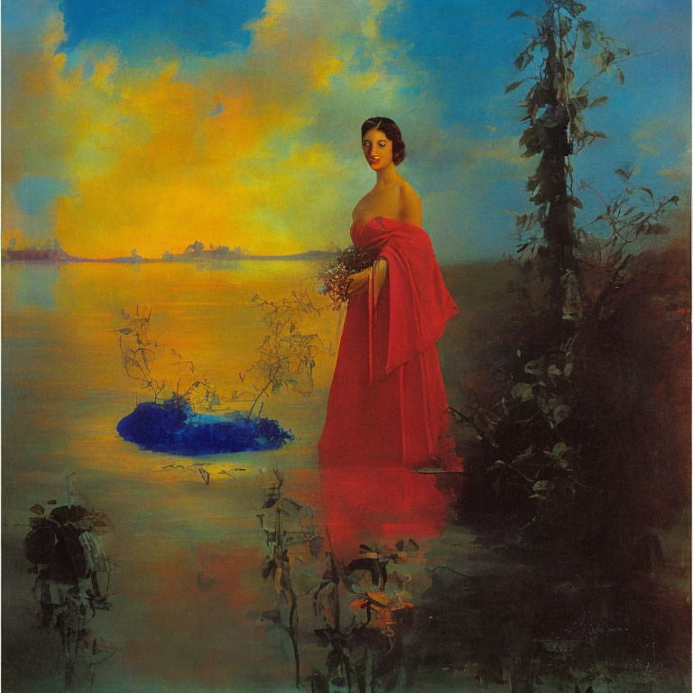 Woman in Red Dress Holding Flowers by Lake at Sunset