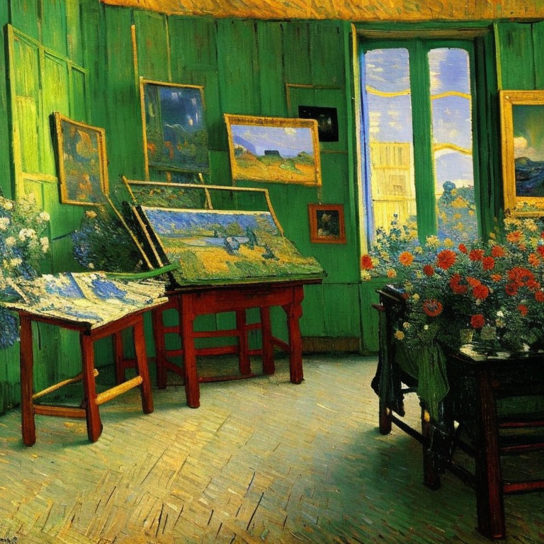 Green-walled artist's studio with paintings, easels, window view, and colorful flowers