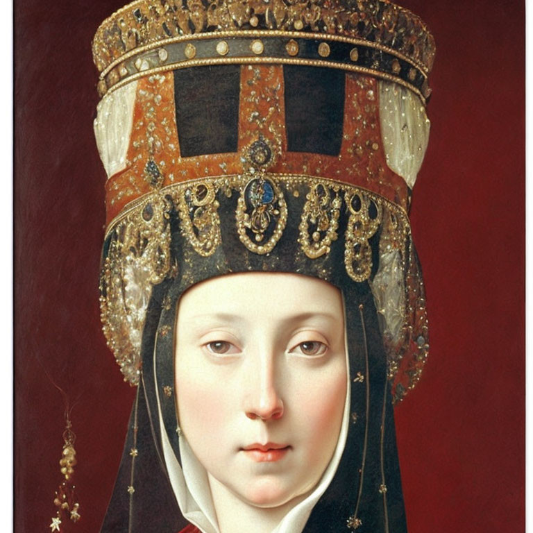 Traditional painting: Woman in elaborate headdress with jewels and pearls