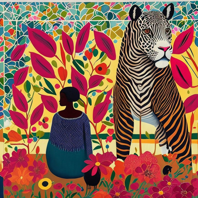 Colorful Artwork: Woman with Zebra in Floral Setting