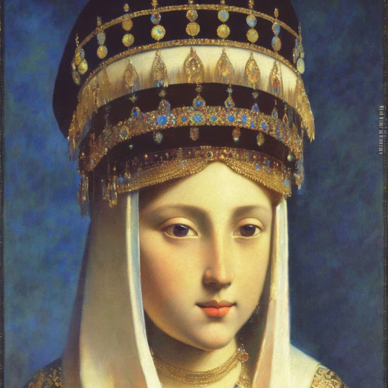 Portrait of Woman with Jeweled Crown and Veil on Blue Background