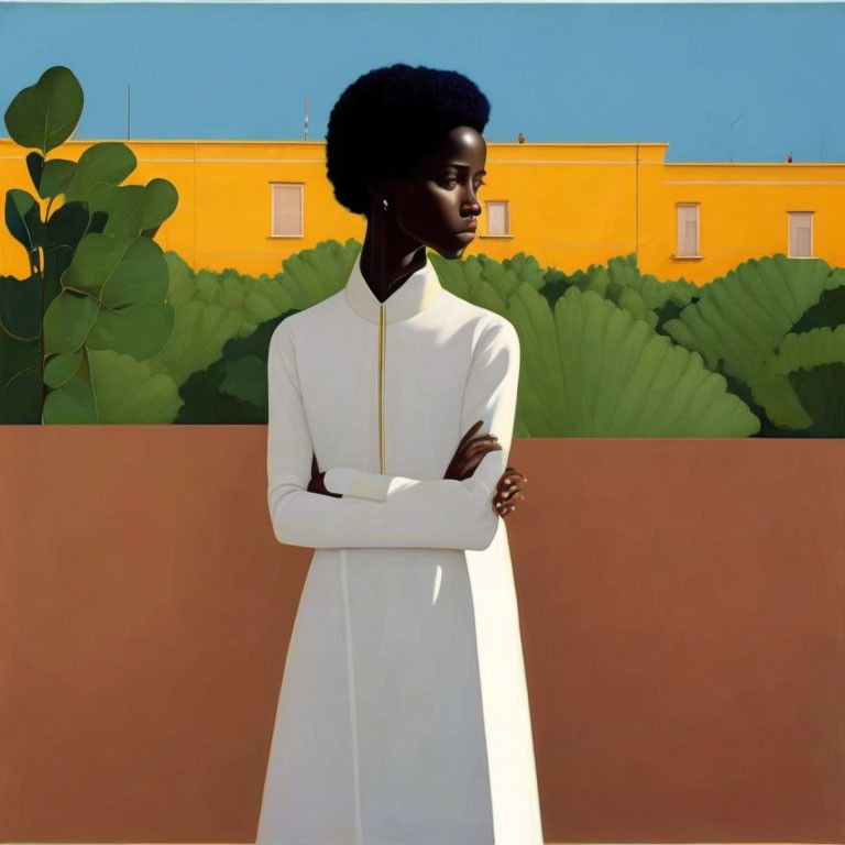 Portrait of woman with afro and dark skin in front of yellow building and green foliage wearing white outfit
