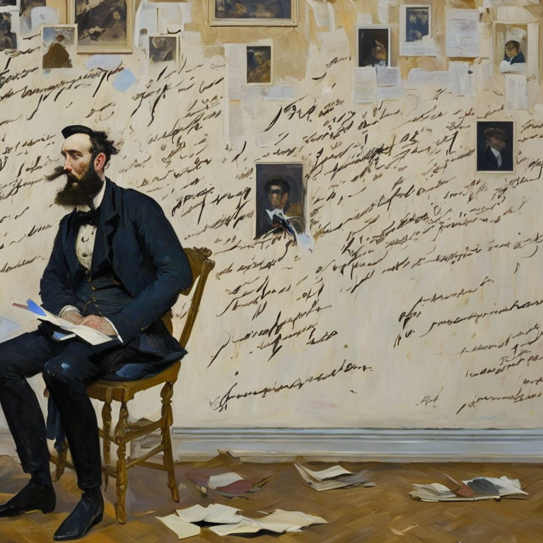19th-Century Bearded Man Surrounded by Papers and Handwritten Notes