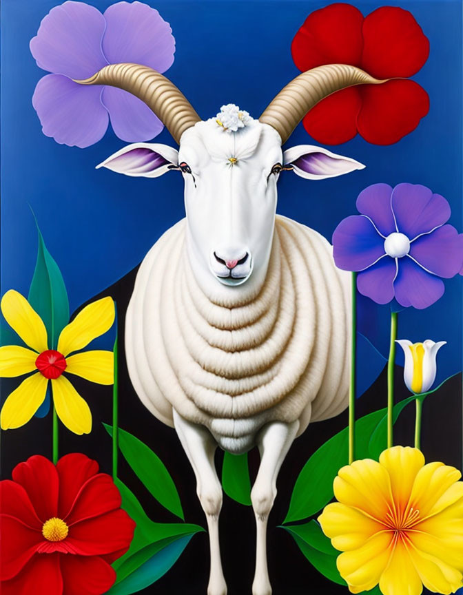 Surreal white ram with large horns in vibrant floral setting