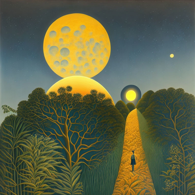 Surreal painting: person on path, green hills, yellow moon, intricate tree patterns