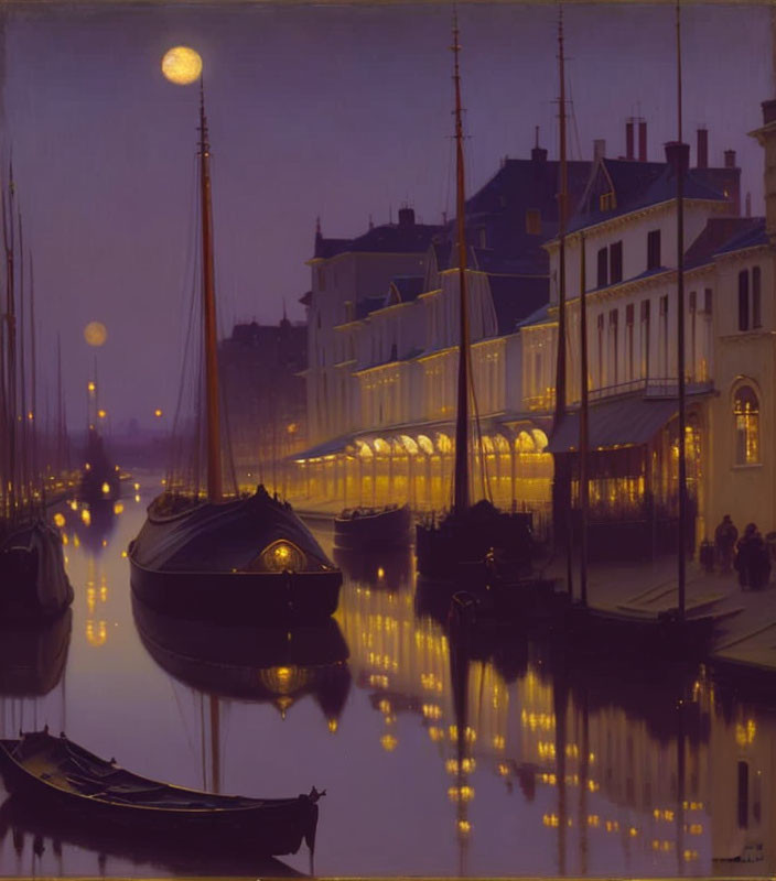 Harbour scene at night with moored boats and illuminated buildings
