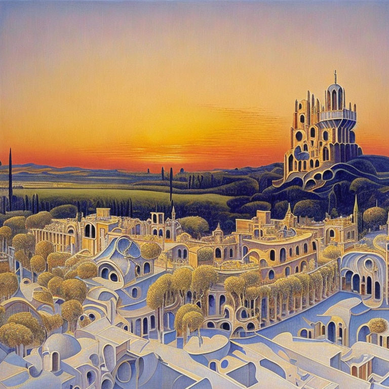 Surreal landscape with fantasy city, ornate buildings, rounded trees, vibrant sunset.