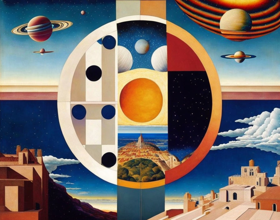 Surrealist painting of celestial landscape with geometric division