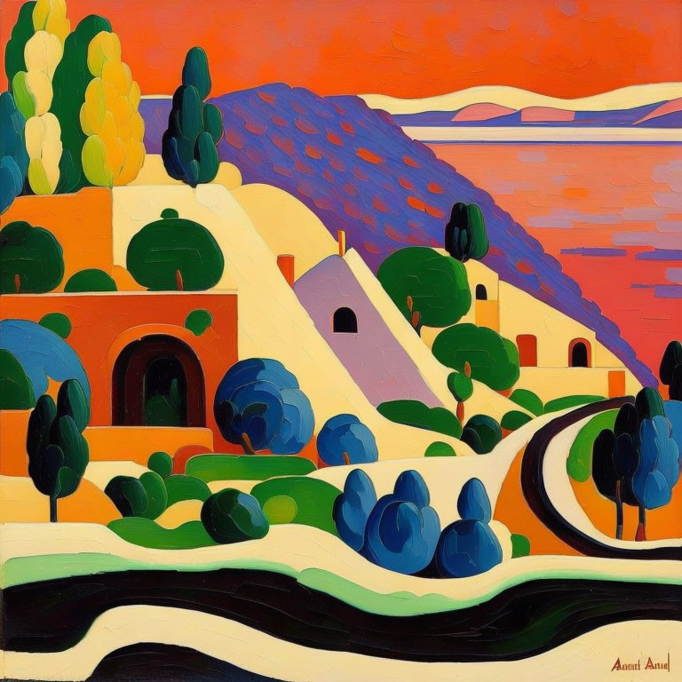 Colorful landscape painting with rolling hills, trees, and buildings in vibrant orange, blue, and green