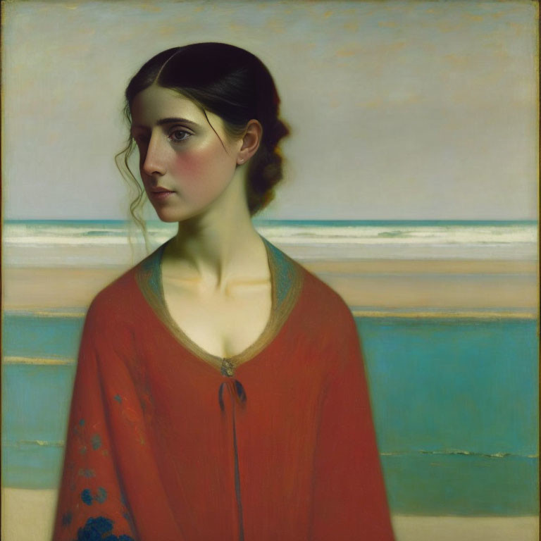 Woman in Red Cloak against Coastal Background