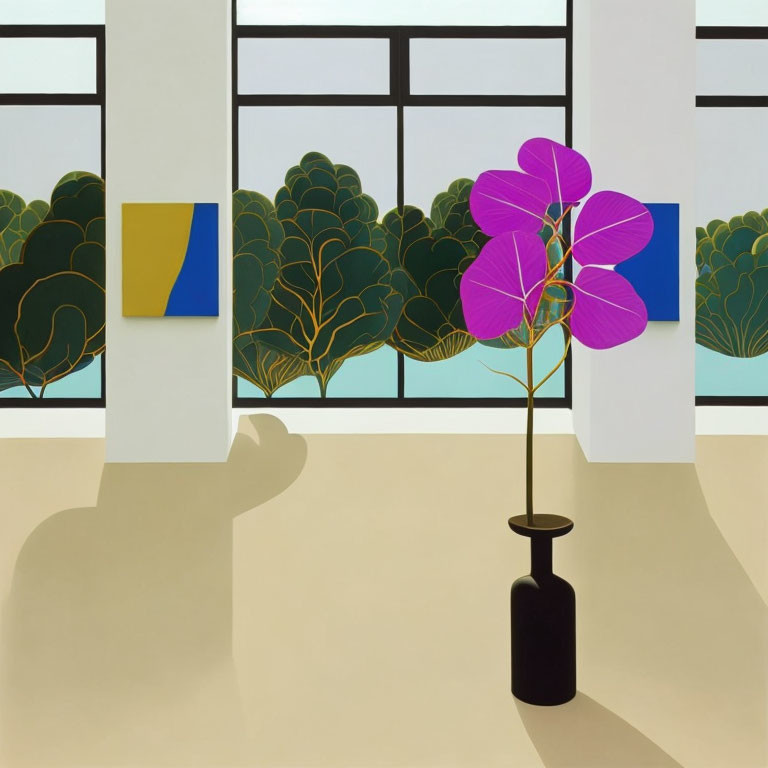 Stylized interior with pink orchid, abstract art, and silhouette trees through windows