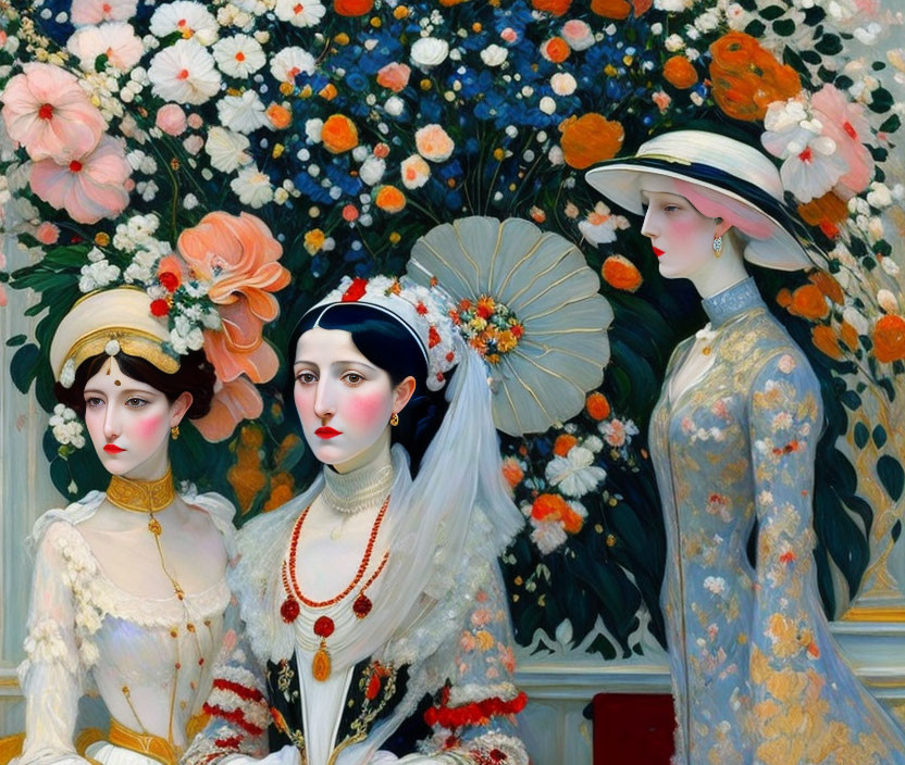 Vintage Attired Elegant Ladies in Floral Backdrop