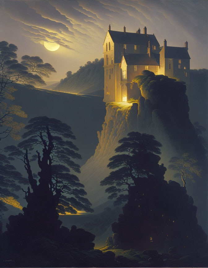 Moonlit Castle on Cliff with Shining Lights and Swirling Mist