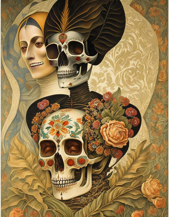 Surreal Artwork: Human and Skull Faces on Floral Background