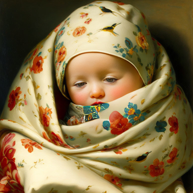 Infant in Floral Scarf Sucking on Cloth