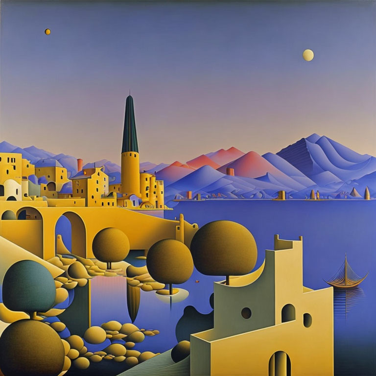 Surrealist landscape featuring smooth buildings, pointed tower, purple mountains, calm sea, boat, sun