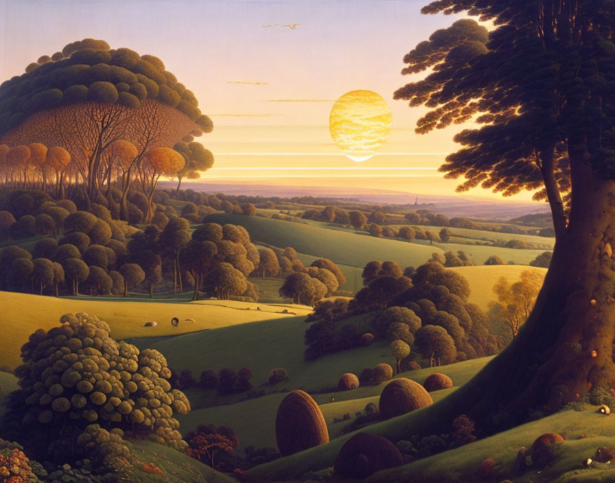 Tranquil countryside sunset over rolling hills